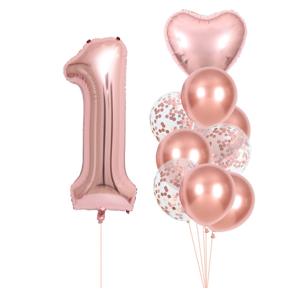 Set 10 Baloane Folie si Latex, ANGELBEAR, Tematica Aniversare, Baloane Latex 25cm, Figurina Inimioara 45 cm, Cifra 1 de 81 cm, Ambalaj Individual, Pai Inclus, Umflare cu Aer sau Heliu, Roz Pal